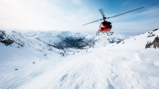 This stunning photo features a red helicopter hovering over a vast, snowy mountainous landscape, with peaks and valleys creating an awe-inspiring natural backdrop.