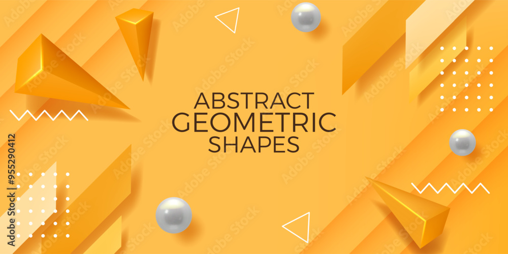 Poster Abstract yellow background. 3D polygon geometric pattern with modern technology shapes. Render pyramids and spheres. Minimal figures. Line zigzag and dots. Vector presentation banner