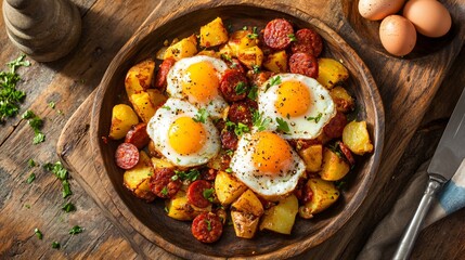 A plate of huevos rotos, broken eggs with potatoes and chorizo, served on a rustic wooden board