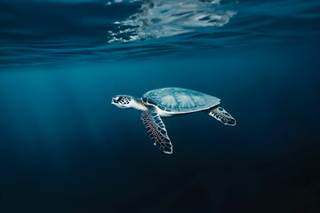Fototapeta premium A single, small sea turtle swimming in a calm ocean.