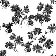 Seamless pattern created from a digital painting of black daisies imitating watercolor, on a transparent background