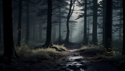 Magical forest filled with soft moonlight, high quality, realism