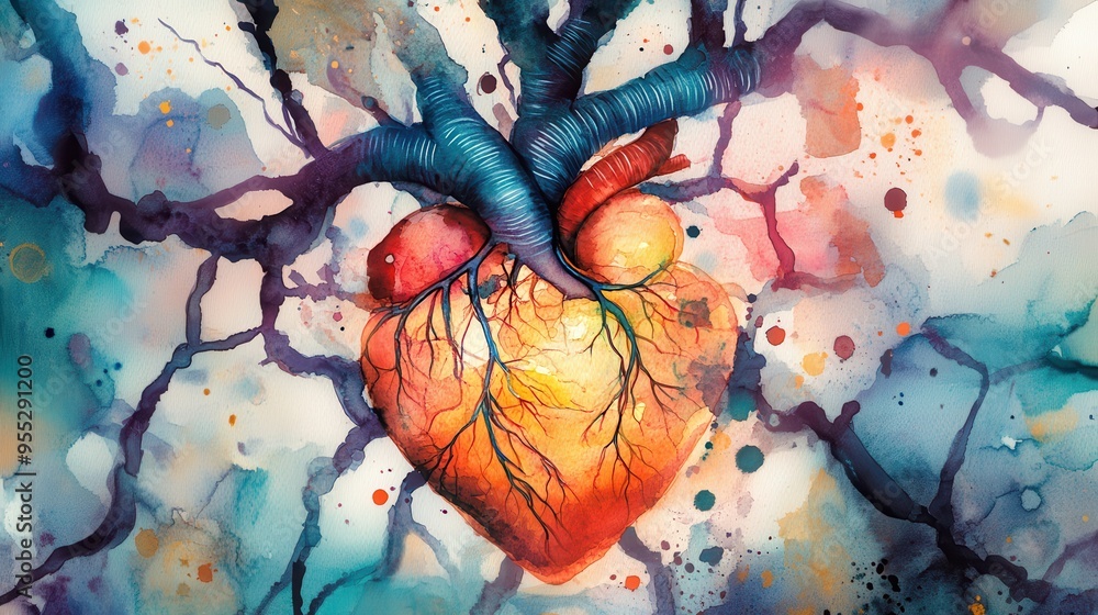 Aufkleber illuminated connection: watercolor heart with nervous system network symbolizing ai impact