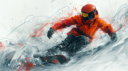 Fototapeta premium Snowboarder in action, depicted in dynamic artwork with vibrant red and gray colors
