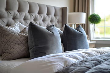 Cozy bed with pillows and a lamp on a table