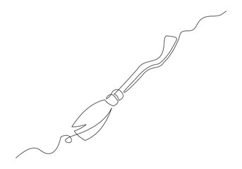 Continuous single line sketch drawing of wizard witch flying broom halloween spooky concept one line vector illustration
