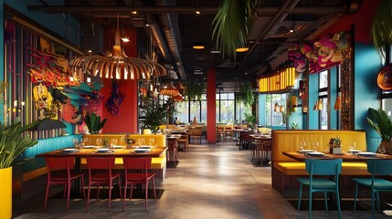 A vibrant restaurant interior with dynamic themes and 3D-rendered decor