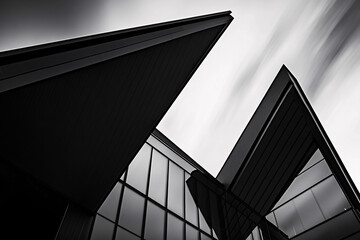This image is a close-up of a sharp angular building with glass windows reflecting dramatic light angles, showcasing modern architectural mastery and design.