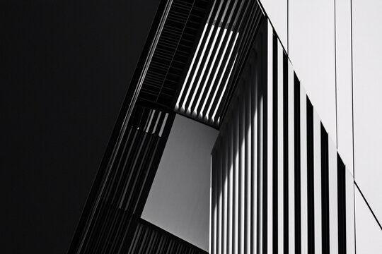 This image features a modern black and white geometric facade with sharp contrasts and intricate patterns, highlighting architectural elegance and design precision.