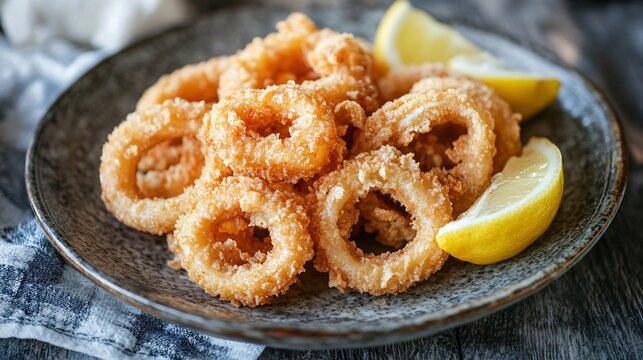 A serving of calamares a la romana, deep-fried squid rings, garnished with lemon wedges and served on a vintage plate