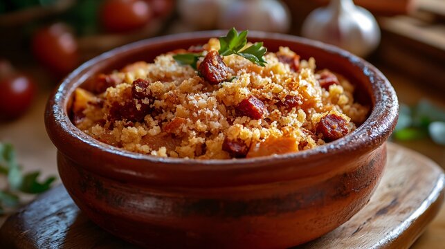 A serving of migas, fried breadcrumbs with chorizo and garlic, served in a traditional clay pot