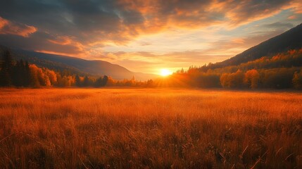 Fototapeta premium A wide meadow with tall grasses turning golden brown, bordered by dense autumn woods, with distant mountains framed by a deep orange sunset
