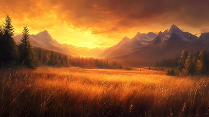 Fototapeta premium A wide meadow with tall grasses turning golden brown, bordered by dense autumn woods, with distant mountains framed by a deep orange sunset