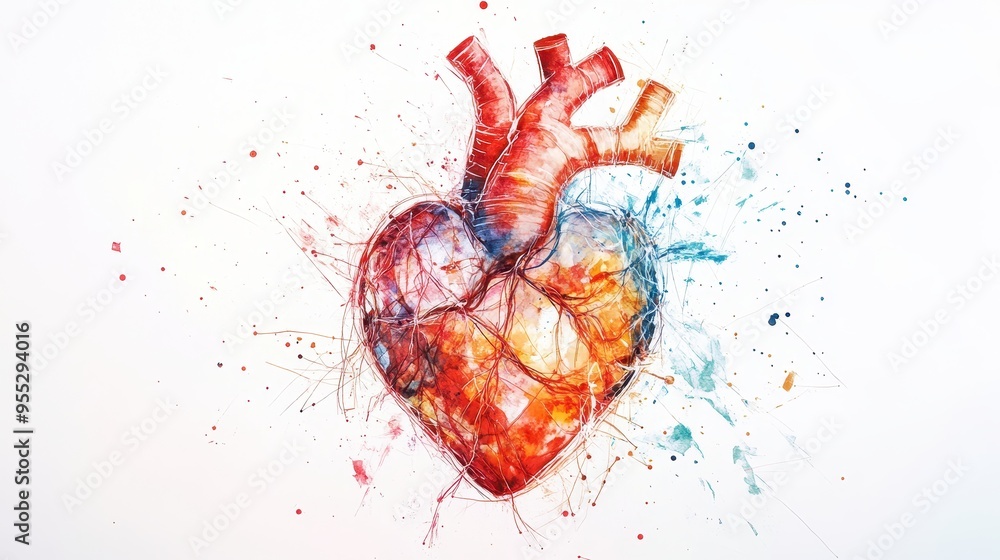 Poster fusion of heart and technology: abstract watercolor of nervous system interwoven with ai lines