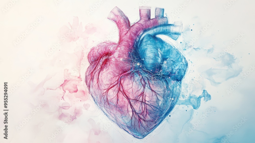Poster fusion of ai and imagination: abstract watercolor heart with digital nervous system lines