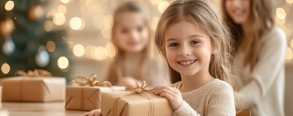 Children learning to wrap gifts in a holiday workshop, teacher guiding them, creative and handson Christmas activity