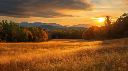 Obraz premium A wide meadow with tall grasses turning golden brown, bordered by dense autumn woods, with distant mountains framed by a deep orange sunset
