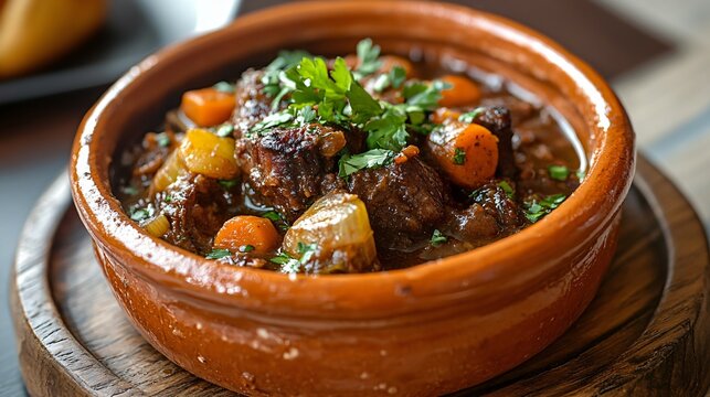 A traditional dish of rabo de toro (oxtail stew), served in a rustic clay bowl with a garnish of fresh herbs