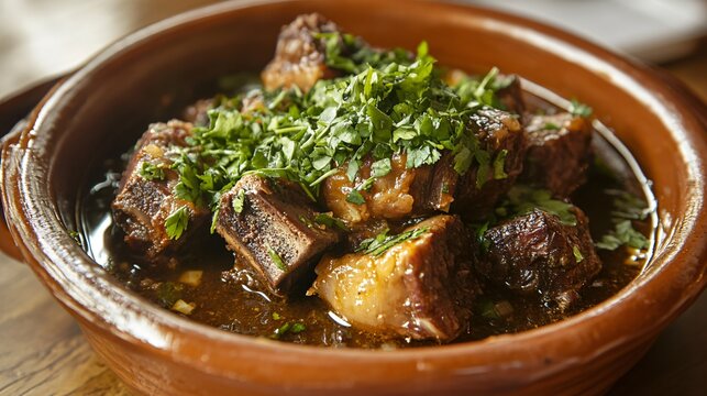 A traditional dish of rabo de toro (oxtail stew), served in a rustic clay bowl with a garnish of fresh herbs