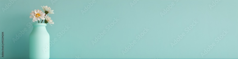 Aufkleber minimalistic single flower in vase against light blue background with ample copy space, emphasizing 