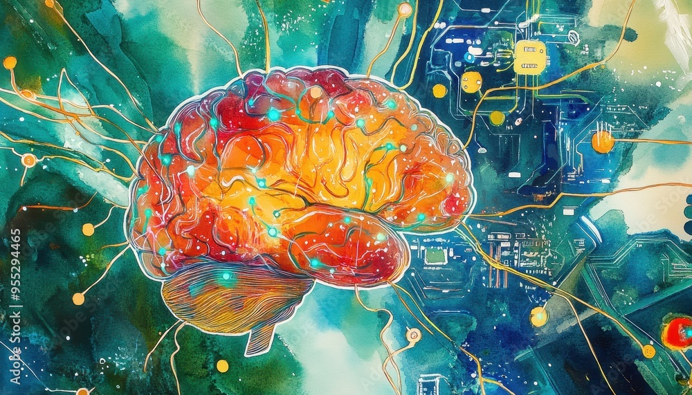 Poster digital fusion: vivid watercolor brain with glowing neural pathways and ai circuits