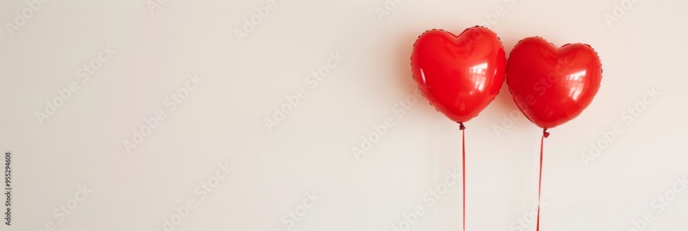 Poster Two Red Heart-Shaped Balloons Floating Against Minimal White Background with Copy Space, Emphasizing Simplicity and Joy