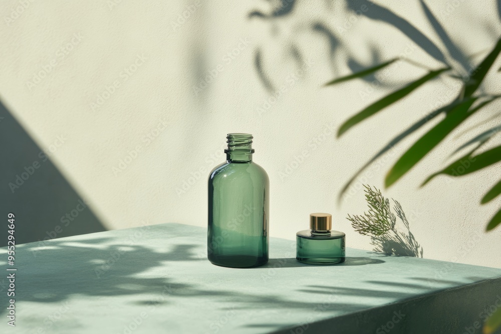 Poster elegant empty green perfume bottle with blue mist in calming pastel color scheme for refreshing bran