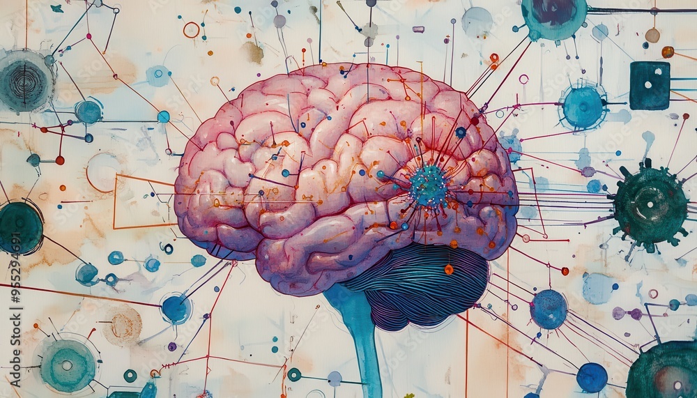 Poster intricate watercolor illustration of a brain with nerves and digital connections, symbolizing the fu