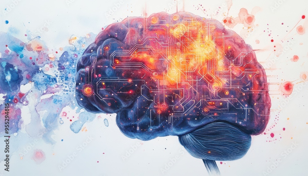 Poster creative fusion: watercolor brain with glowing digital circuits and neural networks