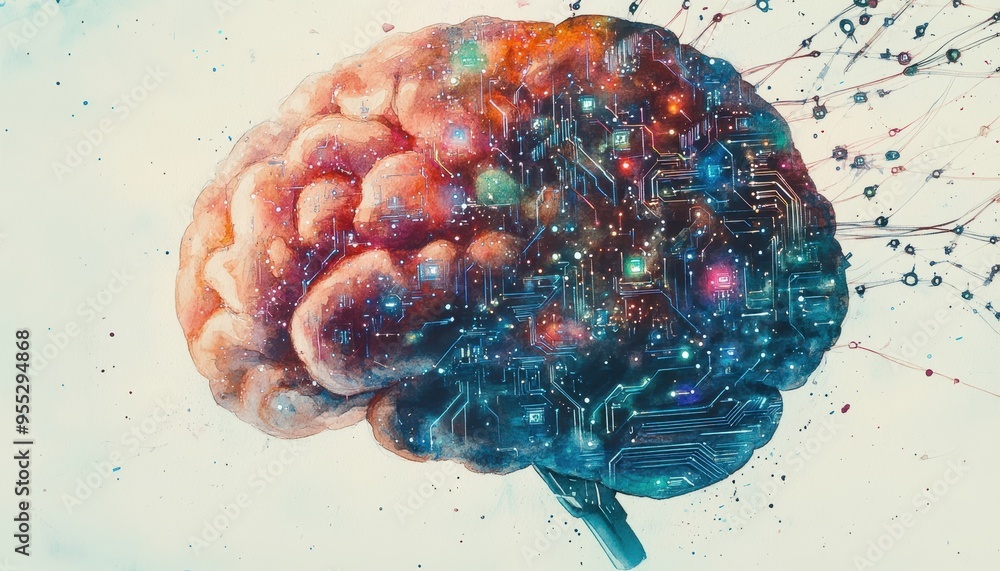 Poster creative fusion: watercolor brain with glowing digital circuits and neural networks