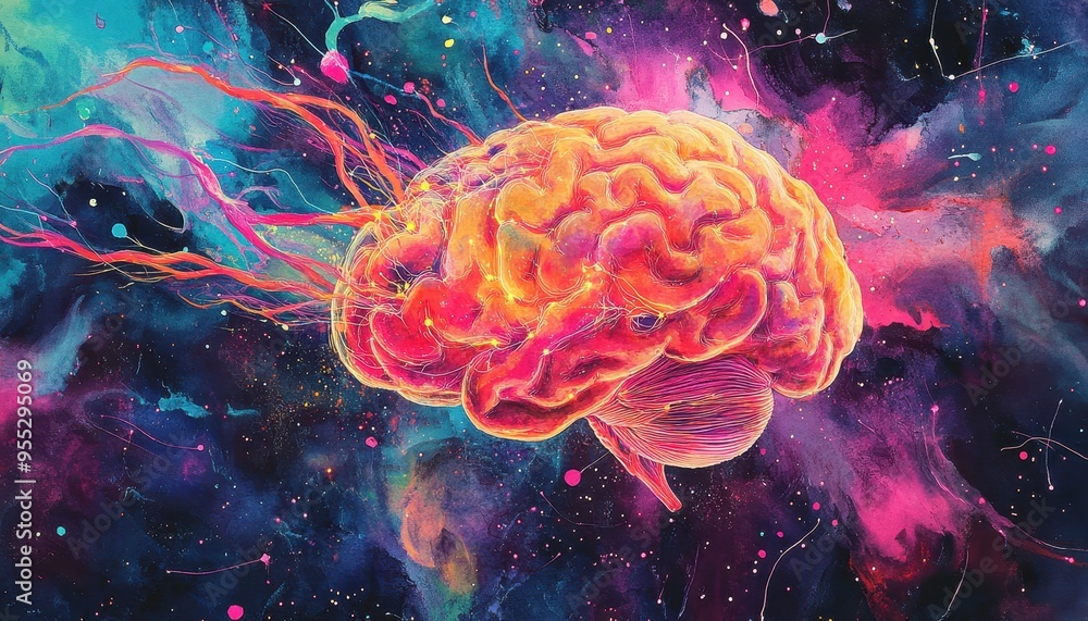 Aufkleber synaptic symphony - watercolor brain with glowing neural connections signifying integration of creat