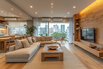 Large modern living room with a couch, coffee table, and a flat screen TV