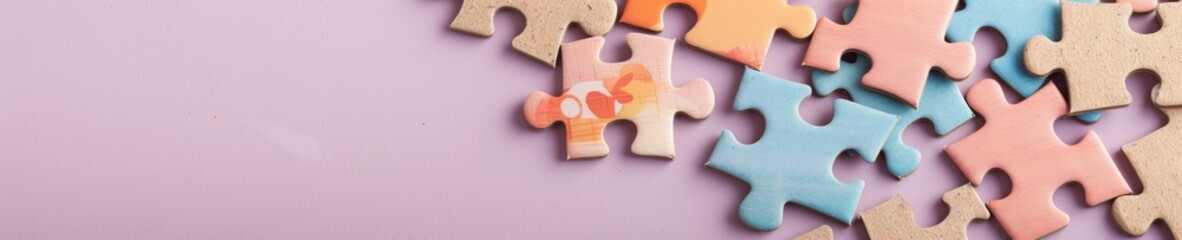 Fototapeta premium Bright and Colorful Puzzle Pieces Flat Lay on Purple Background Representing Problem-Solving and Teamwork