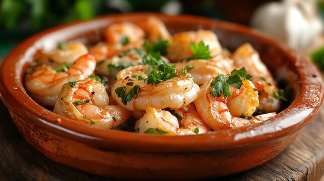 Gambas al ajillo (garlic shrimp) sizzling in a clay dish with a garnish of fresh parsley