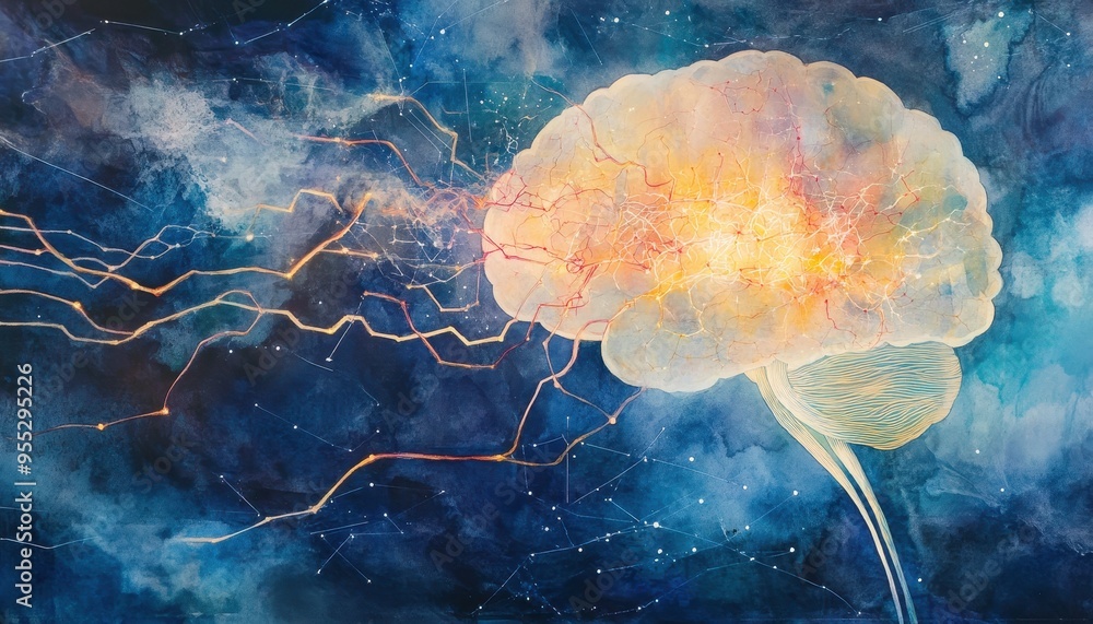 Poster neural fusion: abstract brain in watercolor with nerve network and digital lines, science and ai con