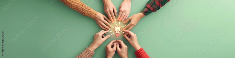 Poster diverse hands forming a circle around a lightbulb icon collaborative brainstorming and creativity on