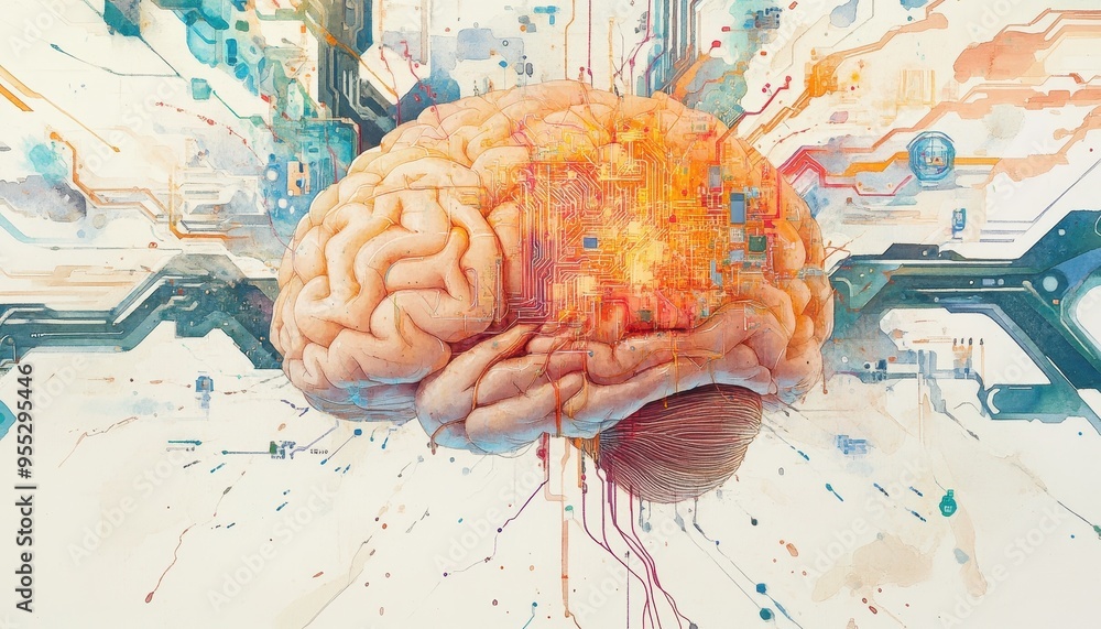 Poster neural networks: watercolor brain with digital circuits seamless integration - conceptual artwork sy