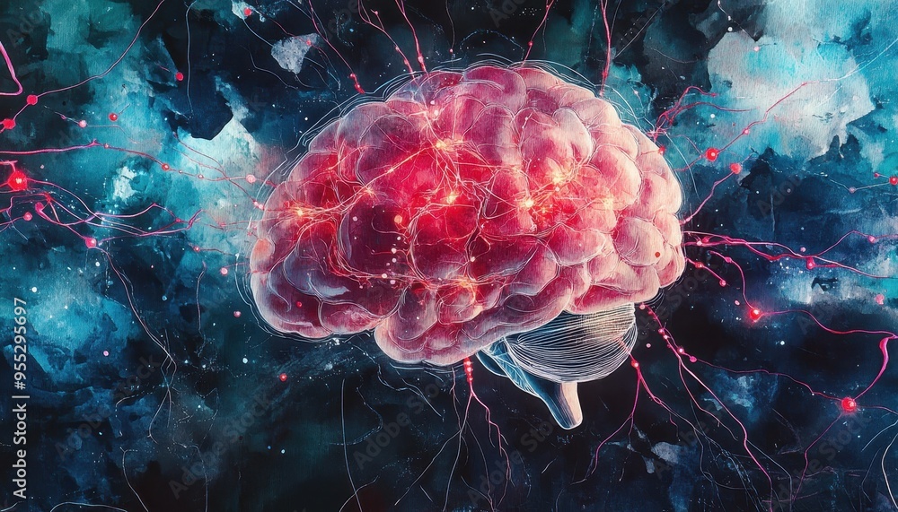 Poster ethereal fusion - abstract watercolor brain with glowing nerves and digital pathways symbolizing hum