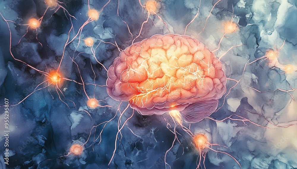 Poster mind merge: abstract watercolor of brain with glowing nerves and digital pathways symbolizing human 