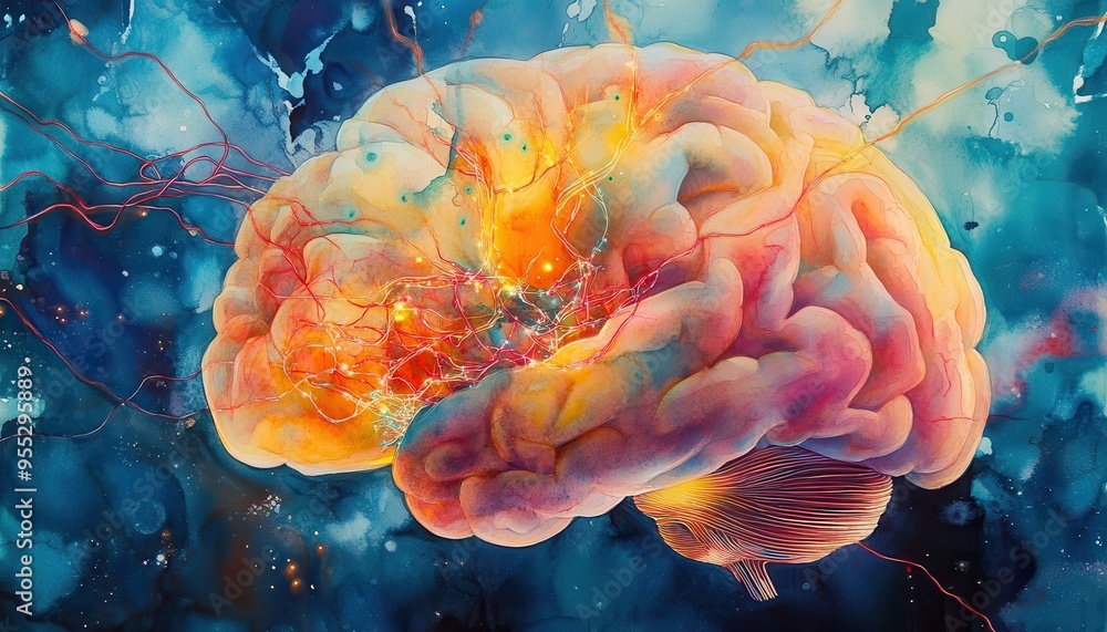 Aufkleber illuminated mind - watercolor artwork of glowing brain with neural circuits, fusing imagination and 