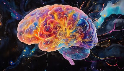 Obraz premium Glowing Watercolor Brain: Fusion of Imagination and Artificial Intelligence