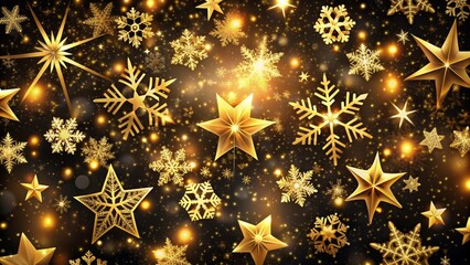 Golden Christmas Stars and Snowflakes on a Black Background for Festive Holiday Design