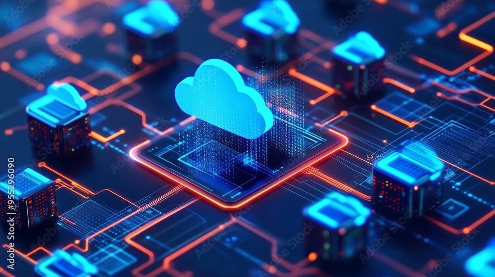 Poster digital cloud computing concept with glowing circuits and data storage elements in a futuristic sett