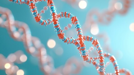 High-resolution 3D rendering of DNA structure showcasing colorful double helix with blurred background, representing genetics and science.