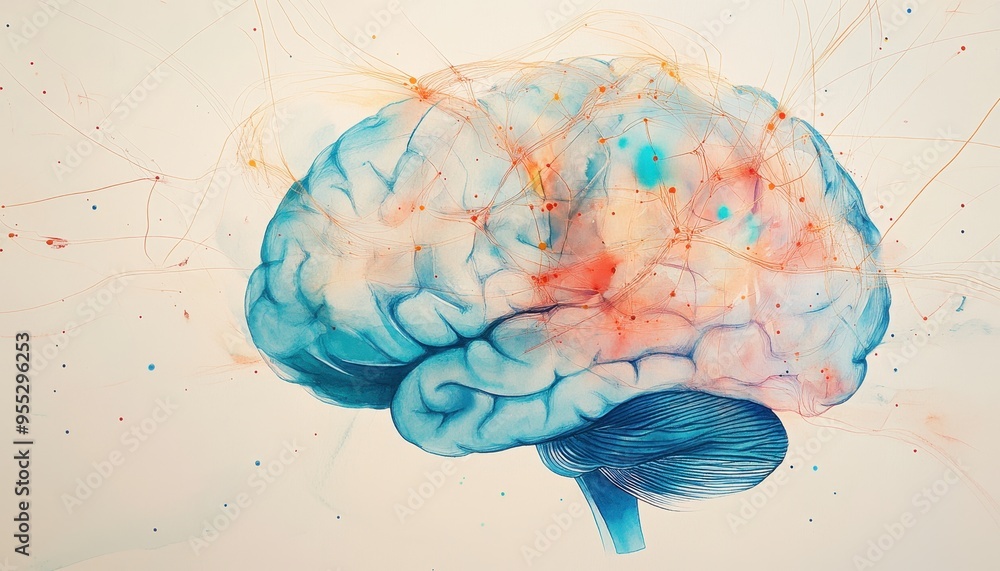 Poster Illuminated Neural Network - Creative Brain in Watercolor with AI Connection