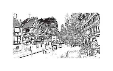 Building view with landmark of Strasbourg is the city in France. Hand drawn sketch illustration in vector.