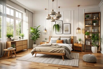 Soft gray walls calm the senses, while sleek white furniture and a minimalist art niche create a serene