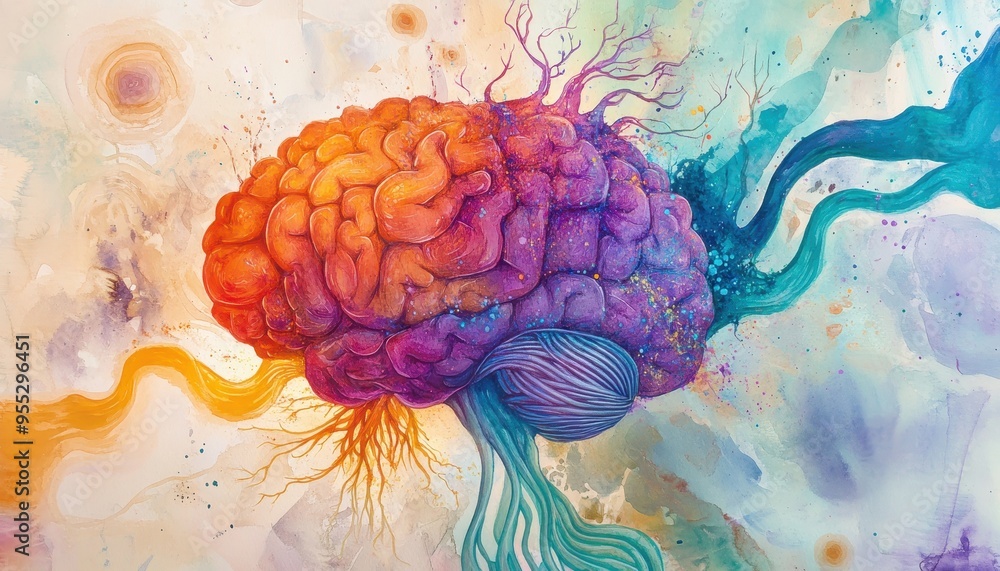 Poster neural artistry: vibrant watercolor brain fusion with ai abstract patterns
