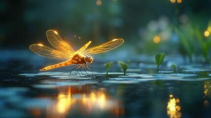 Naklejka premium A luminous dragonfly with glowing wings rests on a water lily in a serene pond, illuminated by soft dusk light