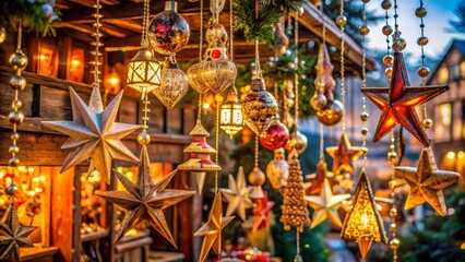 Traditional Christmas Decorations with Illuminated Stars and Baubles at Festive Market